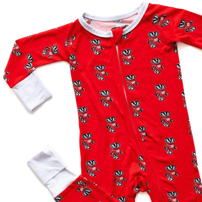 Wisconsin Badgers baby one-piece with official team logo, soft bamboo fabric, and double zippers for easy diaper changes.