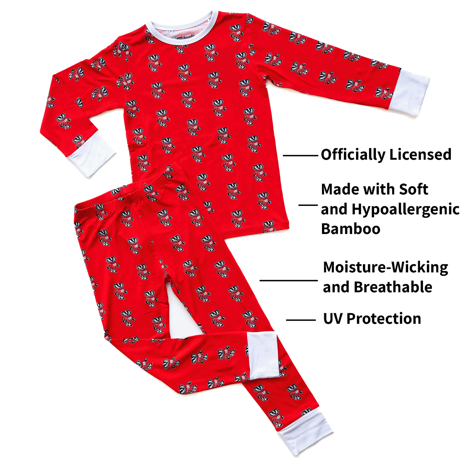 Wisconsin Badgers toddler to youth pajamas with official team logo, soft bamboo fabric, and a cozy fit for comfortable sleep.