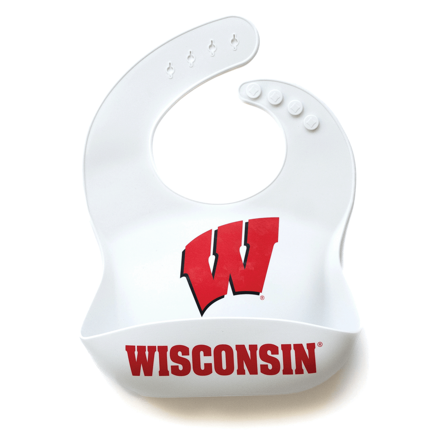 Wisconsin Badgers silicone baby bib, BPA-free, easy to clean, with adjustable fit, featuring the official team logo.