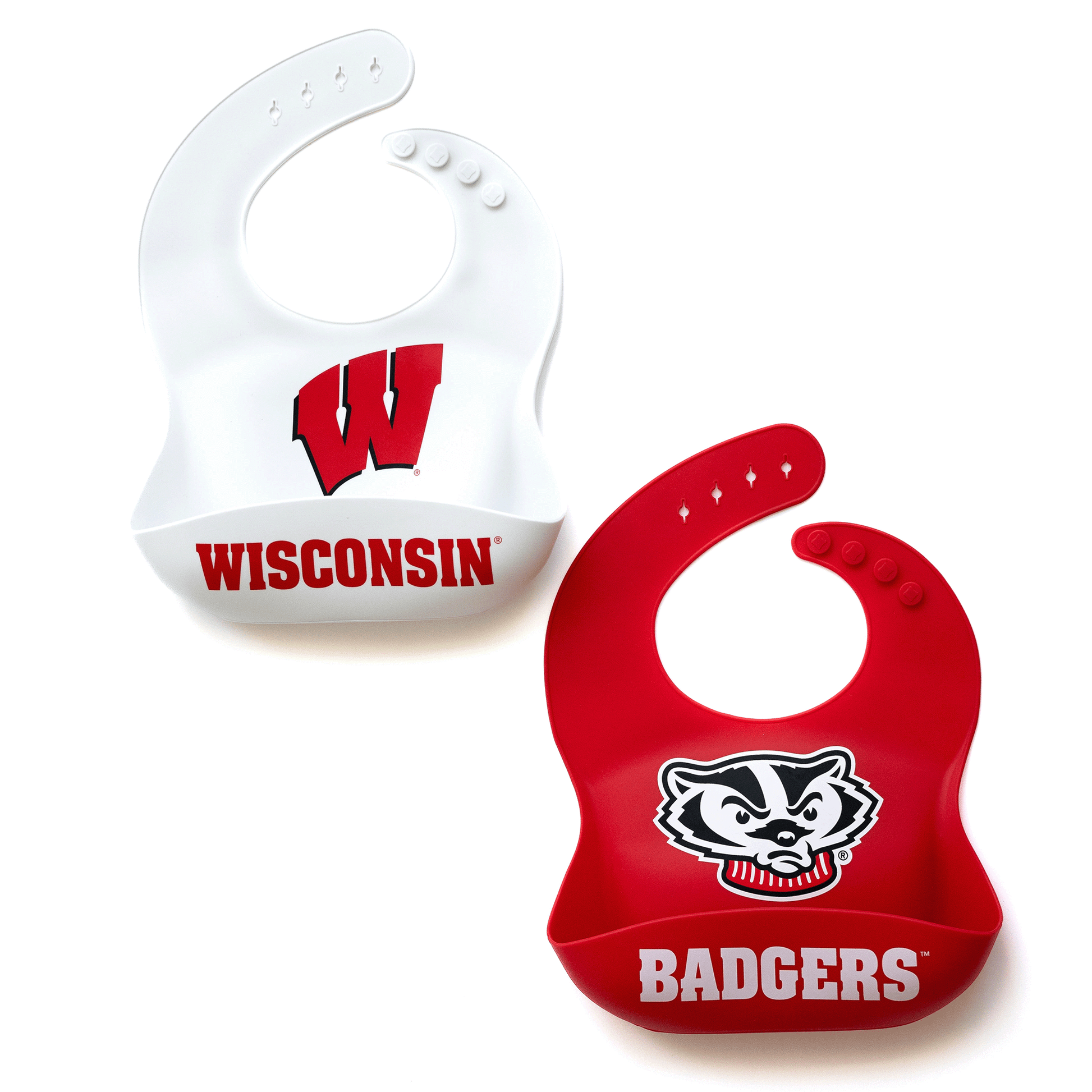 Wisconsin Badgers silicone baby bib, BPA-free, easy to clean, with adjustable fit, featuring the official team logo.