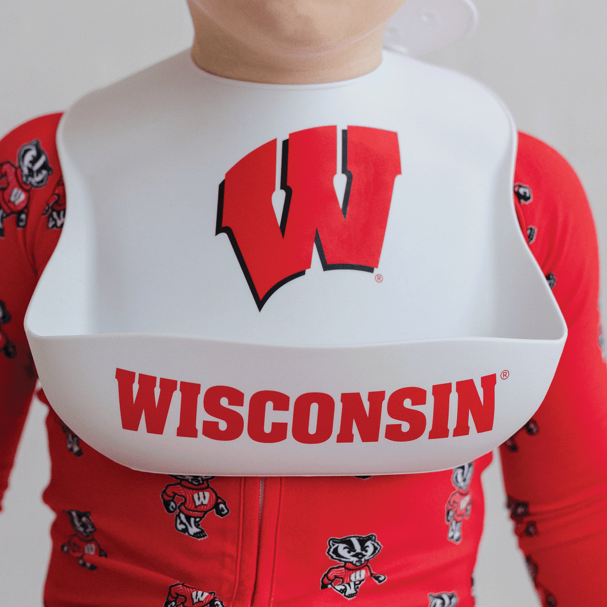 Wisconsin Badgers Bucky Baby Silicone Bib with BPA-free silicone.