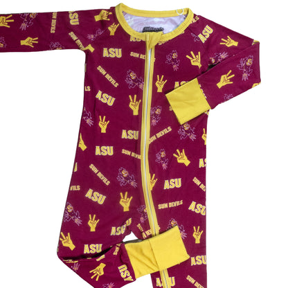 Arizona State Sun Devils baby game day sleeper with maroon and gold bamboo fabric design