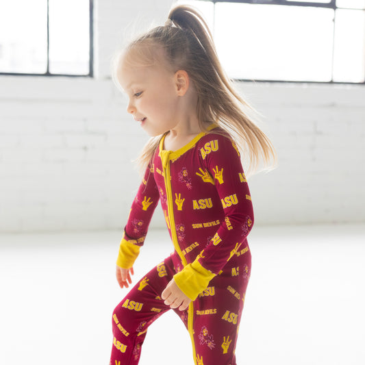 Officially licensed Arizona State Sun Devils baby sleeper made from soft bamboo fabric