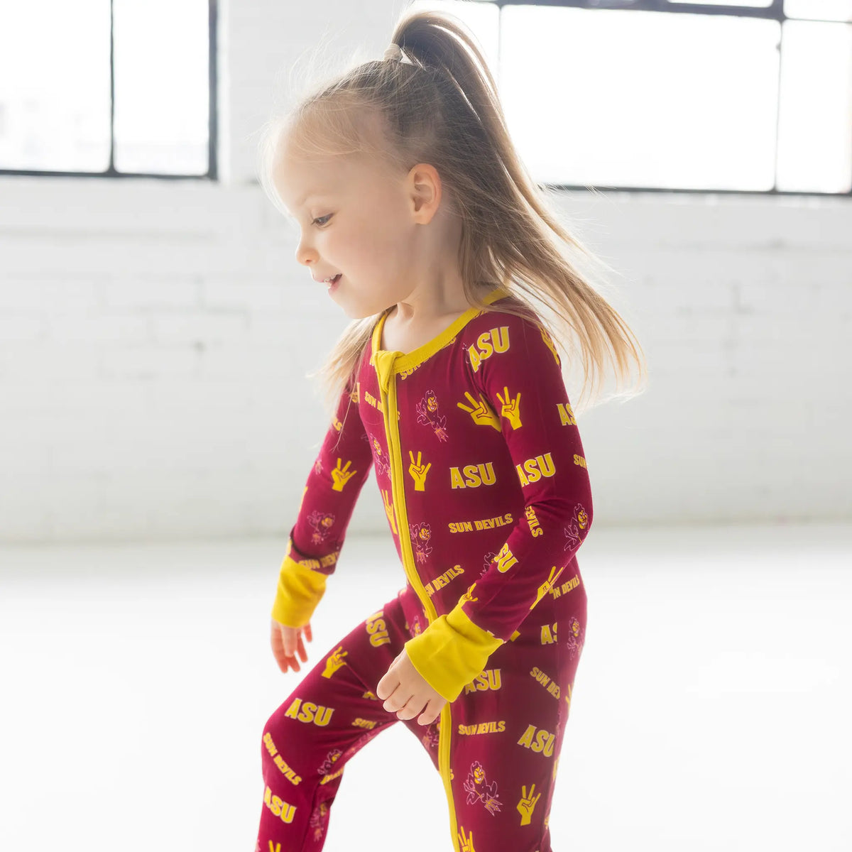 Arizona State Sun Devils Infant wearing bamboo Zippy One-Piece with Sparky print.
