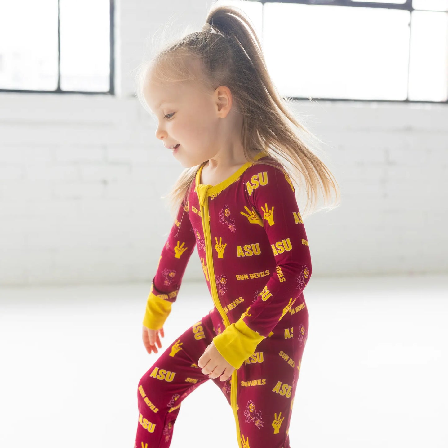 Arizona State Sun Devils Infant wearing bamboo Zippy One-Piece with Sparky print.