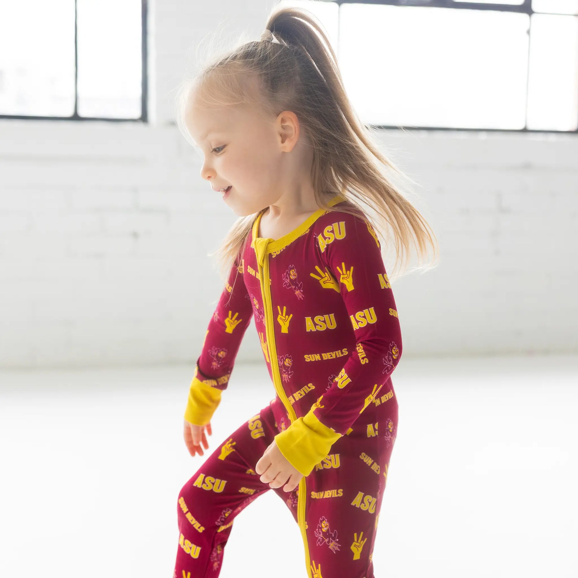 Arizona State Sun Devils Infant wearing bamboo Zippy One-Piece with Sparky print.