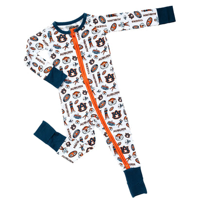 Front view of Auburn Tigers infant one-piece pajamas made from soft bamboo fabric.
