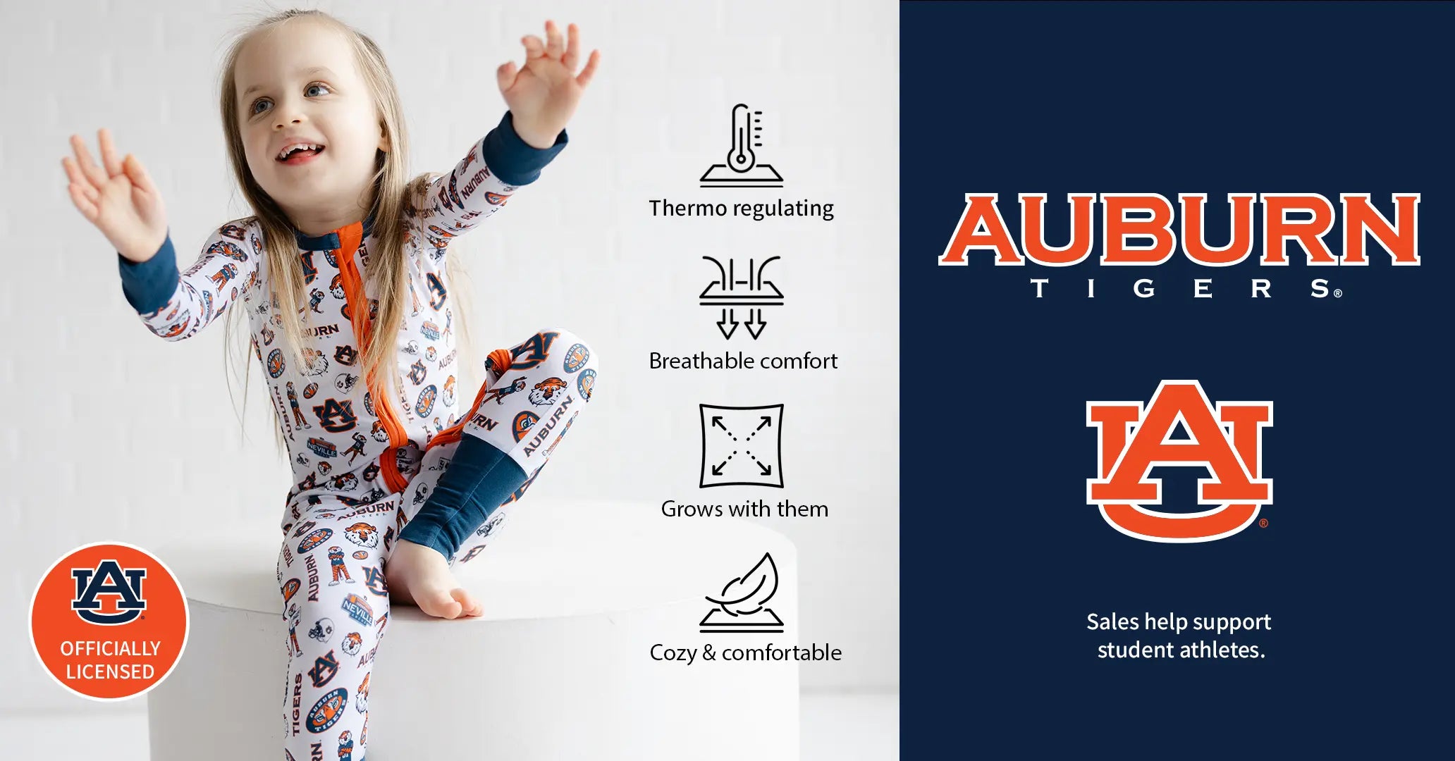 Auburn Tigers baby onesie featuring an all-over Auburn logo print for little fans on game day.