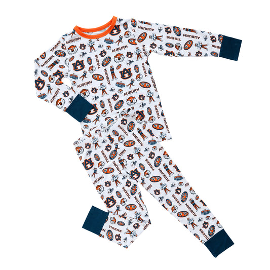 Officially licensed Auburn Tigers kids pajamas with orange and blue team design