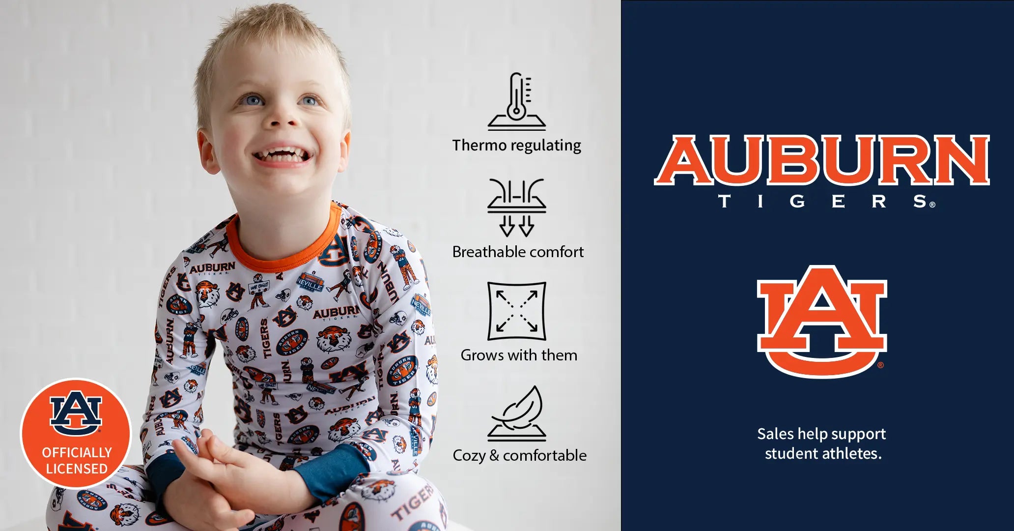 Auburn Tigers Officially Licensed Bamboo Pajamas for Kids.