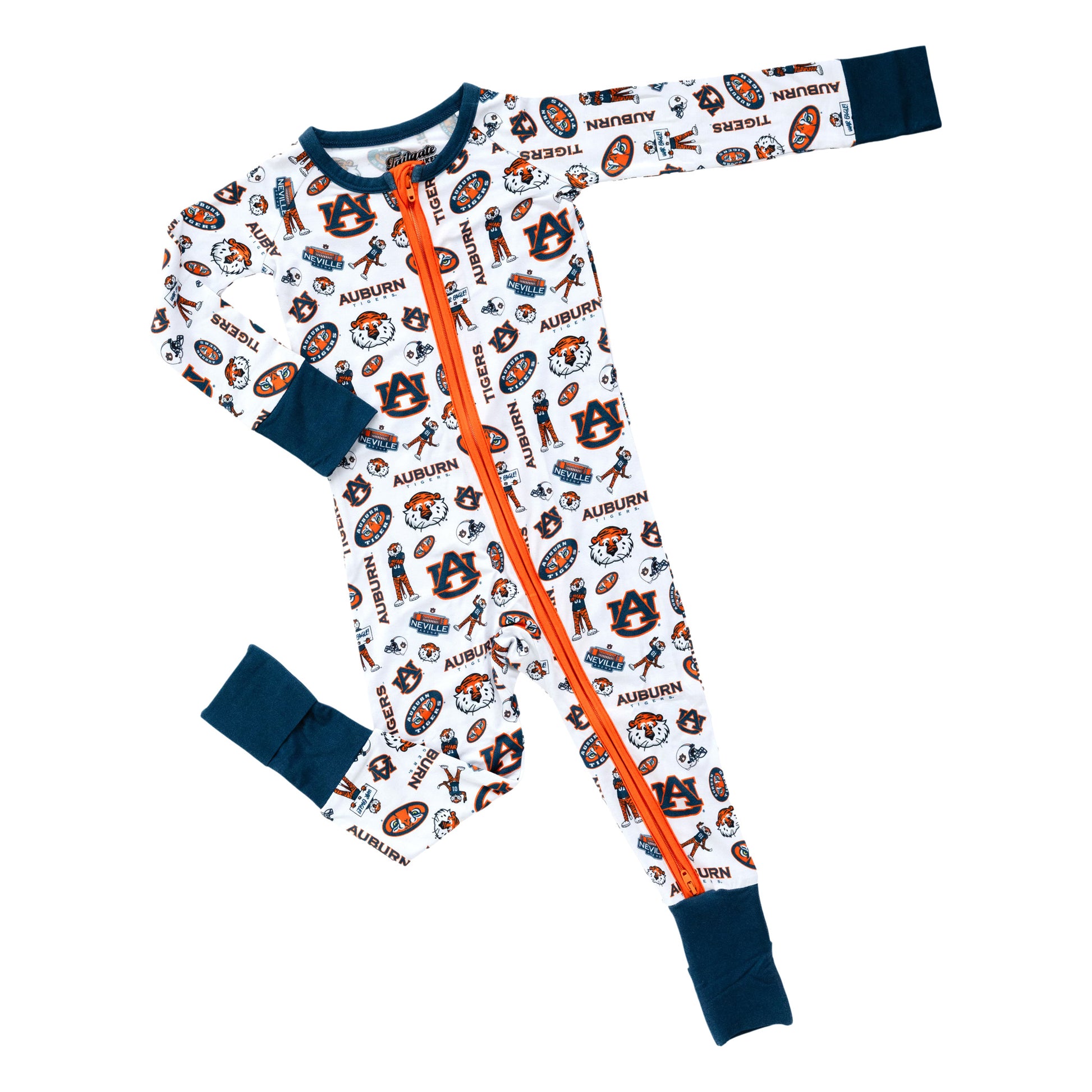 Officially licensed Auburn Tigers baby sleeper with orange and blue collegiate print