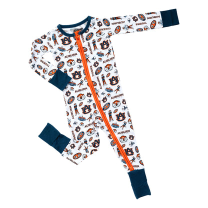 Officially licensed Auburn Tigers baby sleeper with orange and blue collegiate print