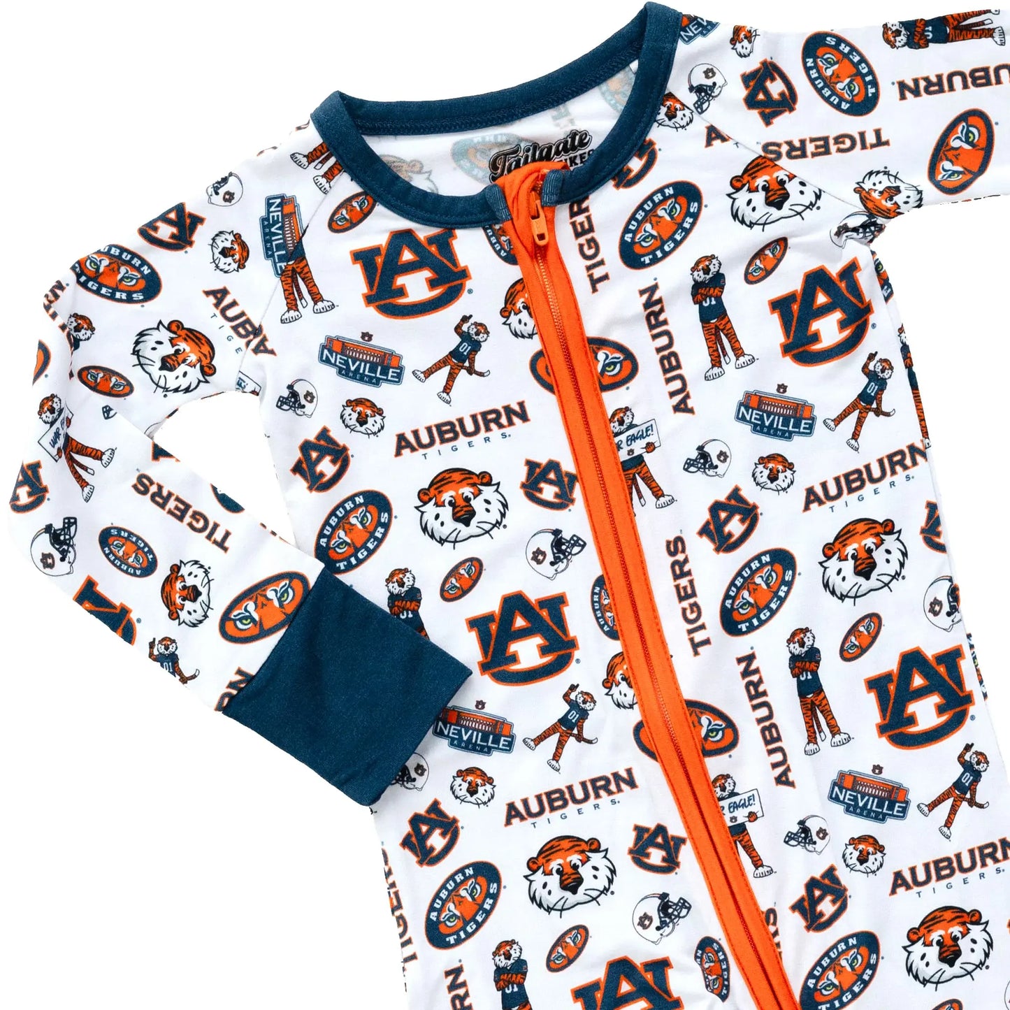 Auburn Tigers newborn zippy one-piece pajamas with convertible footies and fold-over mittens.