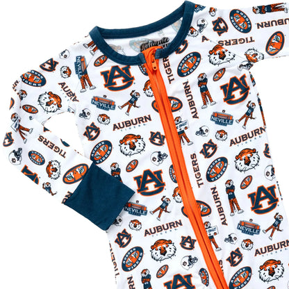 Auburn Tigers newborn zippy one-piece pajamas with convertible footies and fold-over mittens.