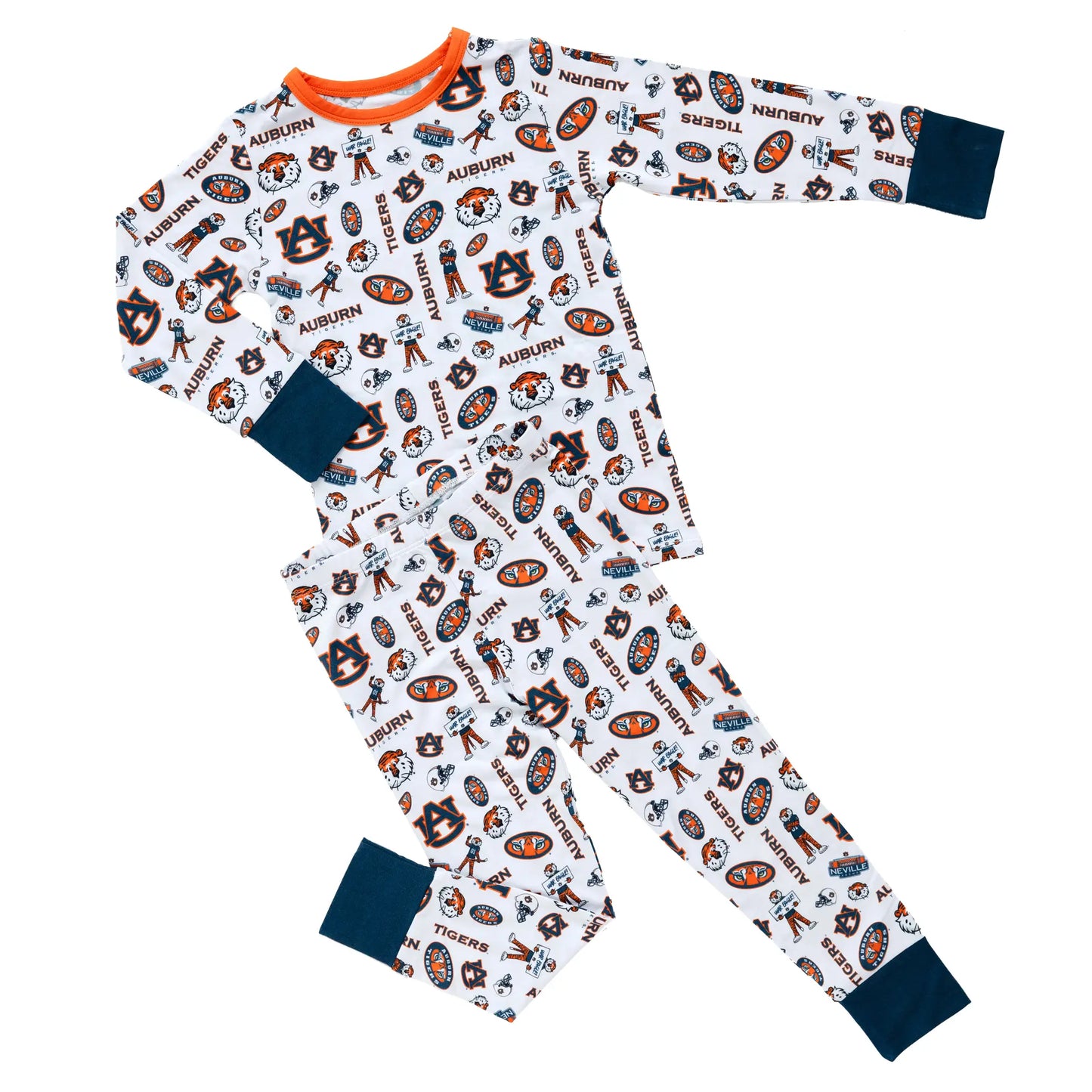 Kids Auburn Tigers bamboo two-piece pajamas with long sleeve top and matching pajama pants.