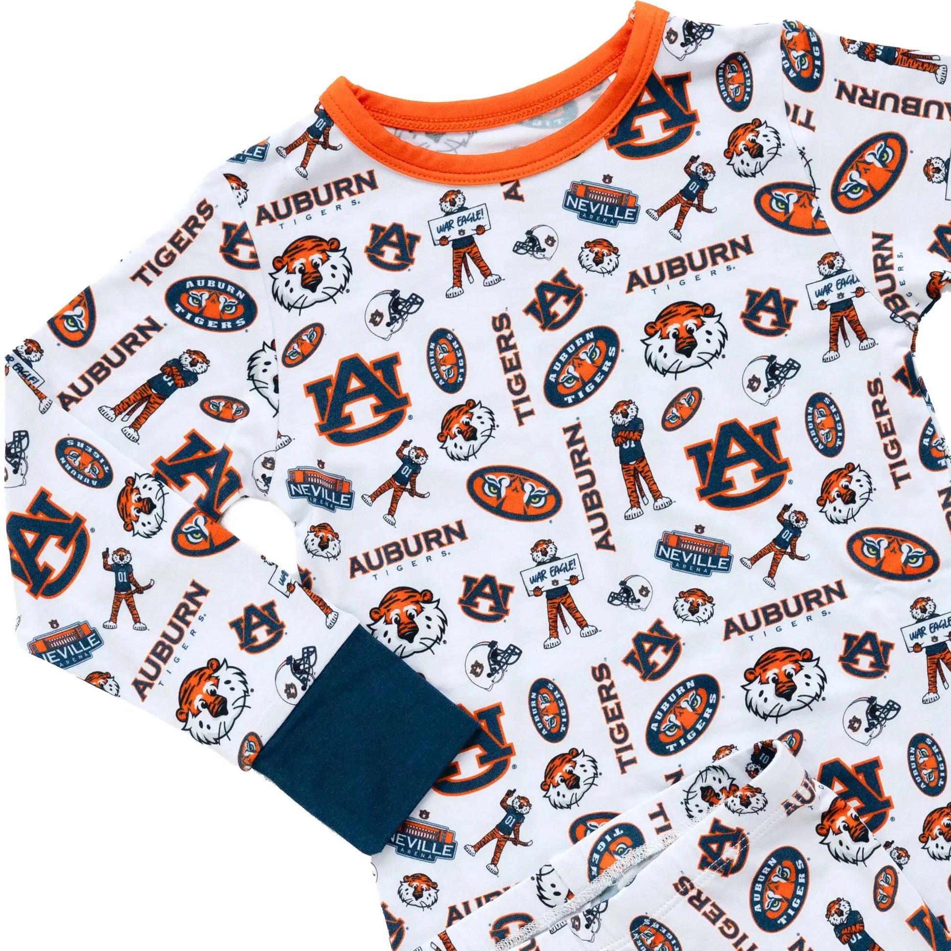 Officially licensed Auburn Tigers kids pajamas in a soft two-piece bamboo sleepwear set.