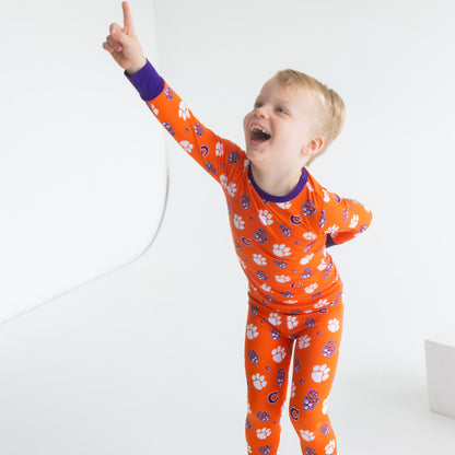 Clemson Tigers kids two-piece pajama set made from soft bamboo fabric