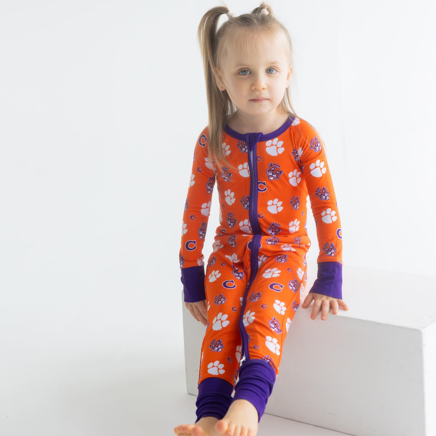 Clemson Tigers baby bamboo one-piece pajamas with orange and purple team design
