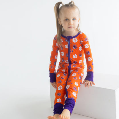 Clemson Tigers baby bamboo one-piece pajamas with orange and purple team design