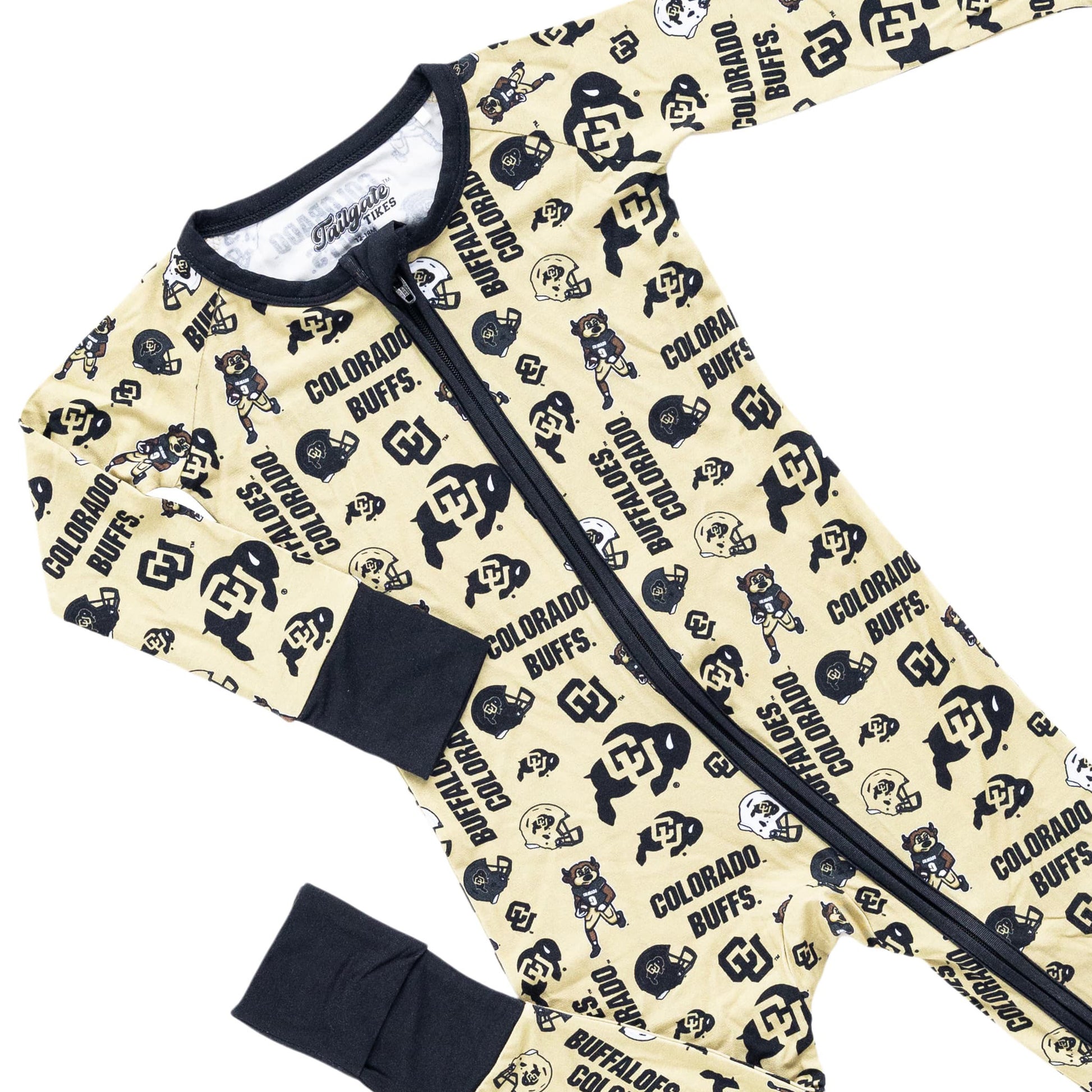 Colorado Buffaloes bamboo zippy pajamas for babies with gold background and black trim