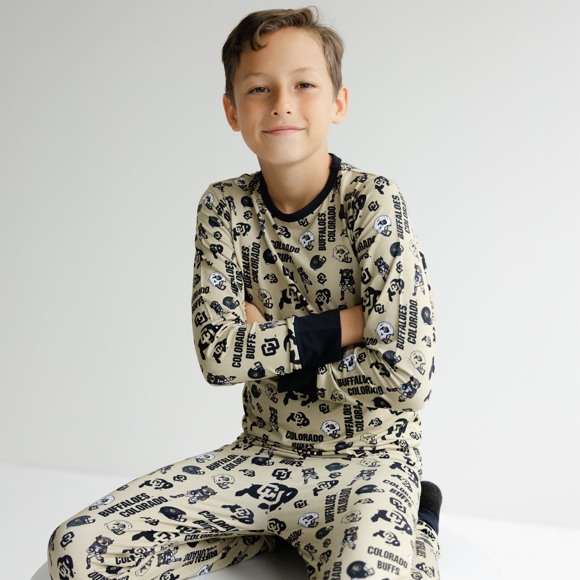 Colorado Buffaloes bamboo pajama set featuring gold background and black trim