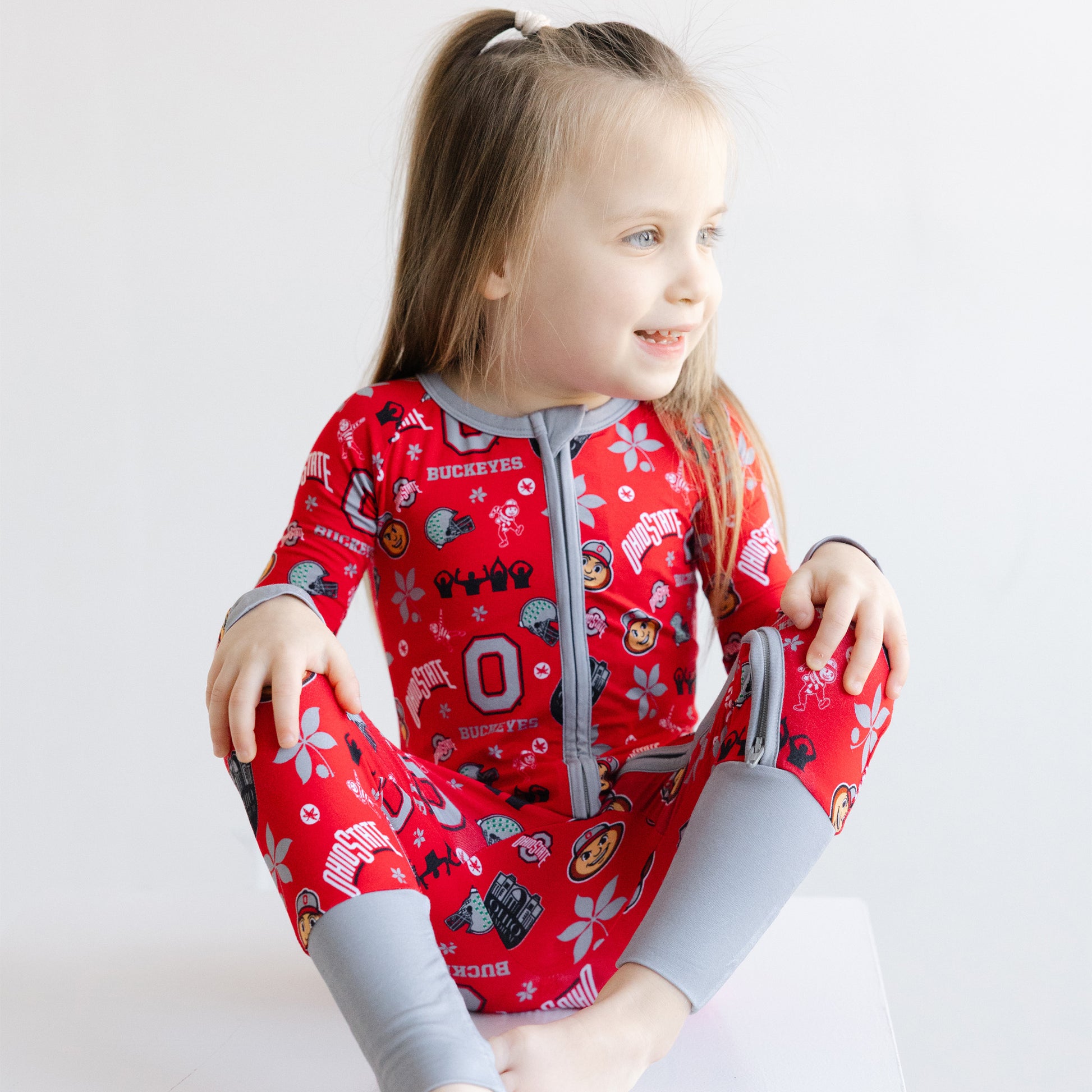 Ohio State Buckeyes toddler sleeper showing the two-way zipper