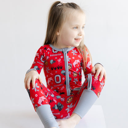 Ohio State Buckeyes toddler sleeper showing the two-way zipper