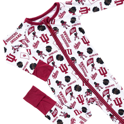 Indiana Hoosiers infant bamboo one-piece sleeper in crimson and cream team design