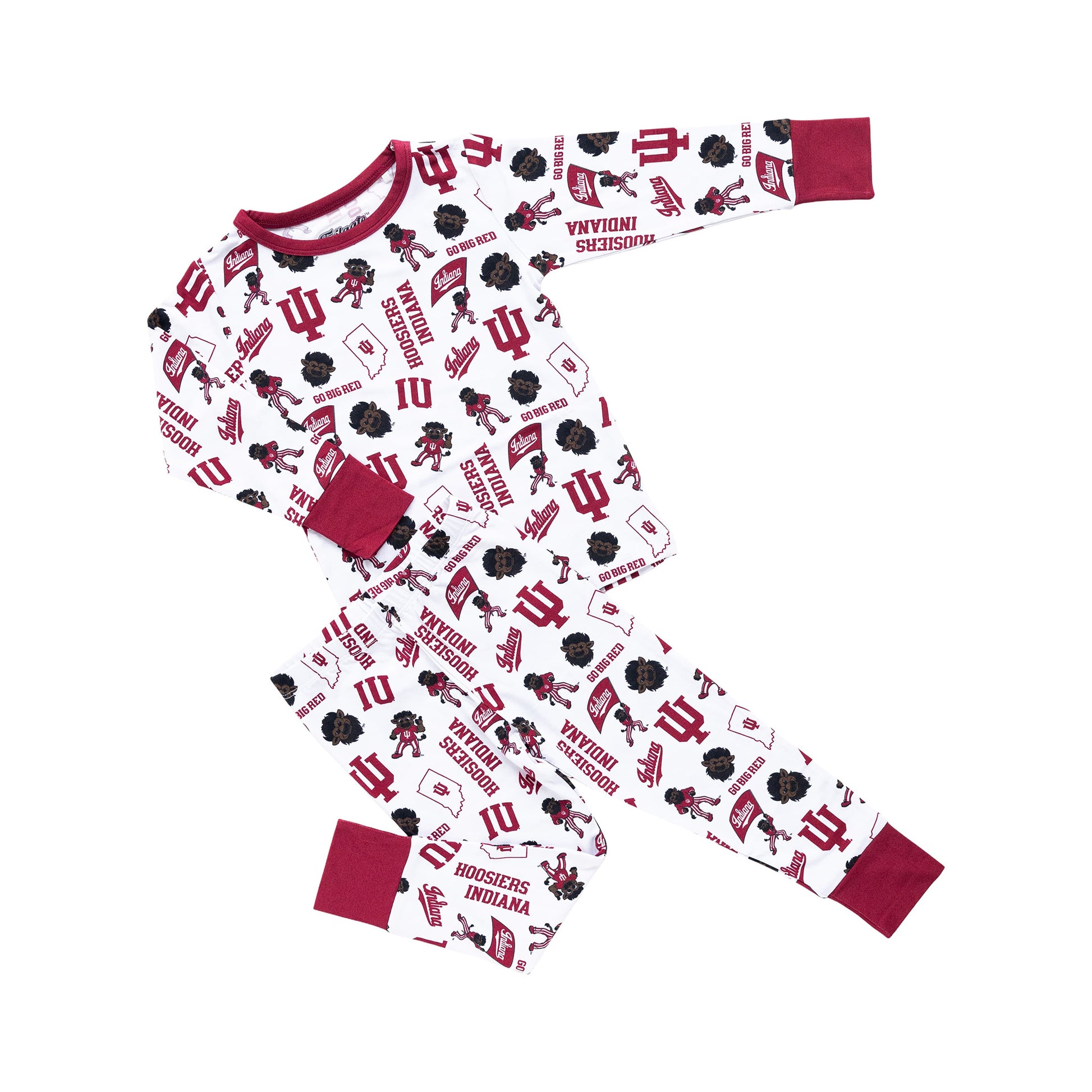 Little Hoosiers fan wearing an officially licensed Indiana bamboo two-piece pajama set for bedtime.