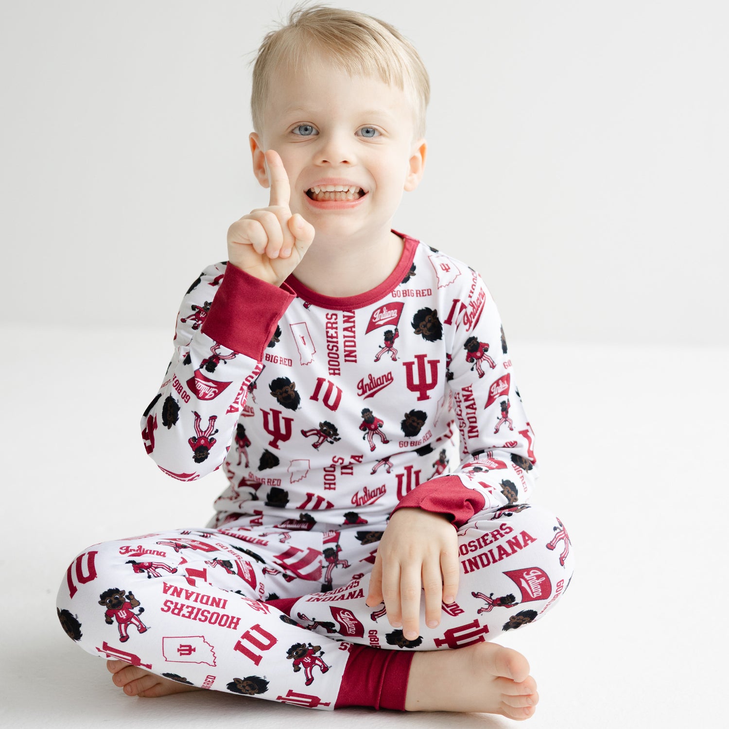 Indiana Hoosiers kids bamboo two-piece pajamas featuring a long sleeve top and matching pajama pants.