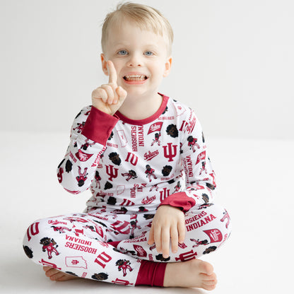Indiana Hoosiers kids bamboo two-piece pajamas featuring a long sleeve top and matching pajama pants.