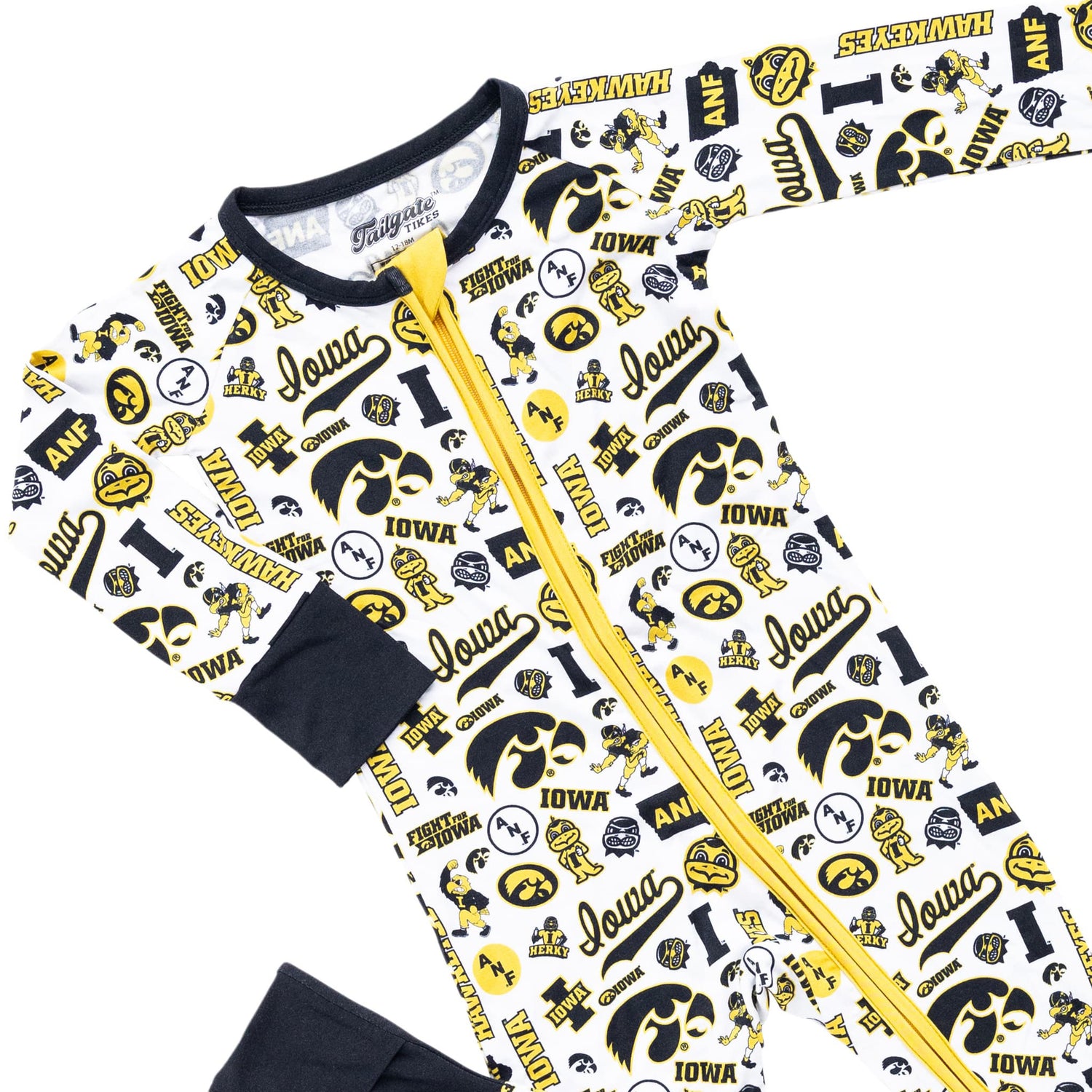Iowa Hawkeyes infant bamboo one-piece sleeper in black and gold team design