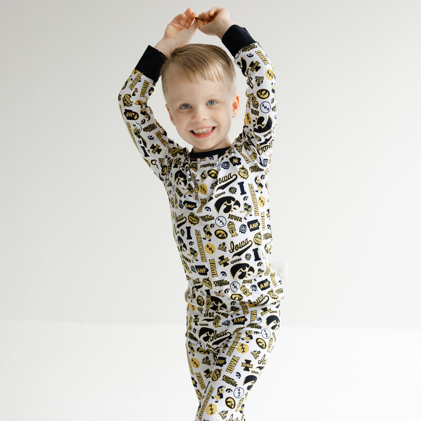 White Iowa Hawkeyes bamboo pajamas for toddlers and kids on game day