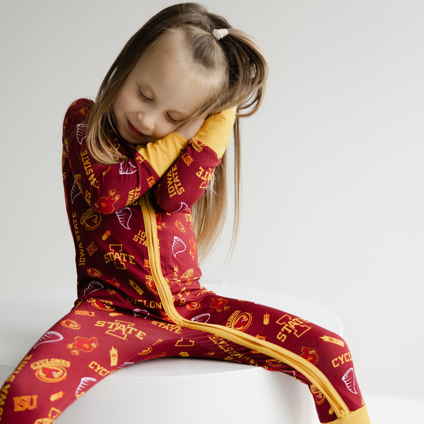 Iowa State Cyclones bamboo zippy pajamas for babies with cardinal and gold team branding