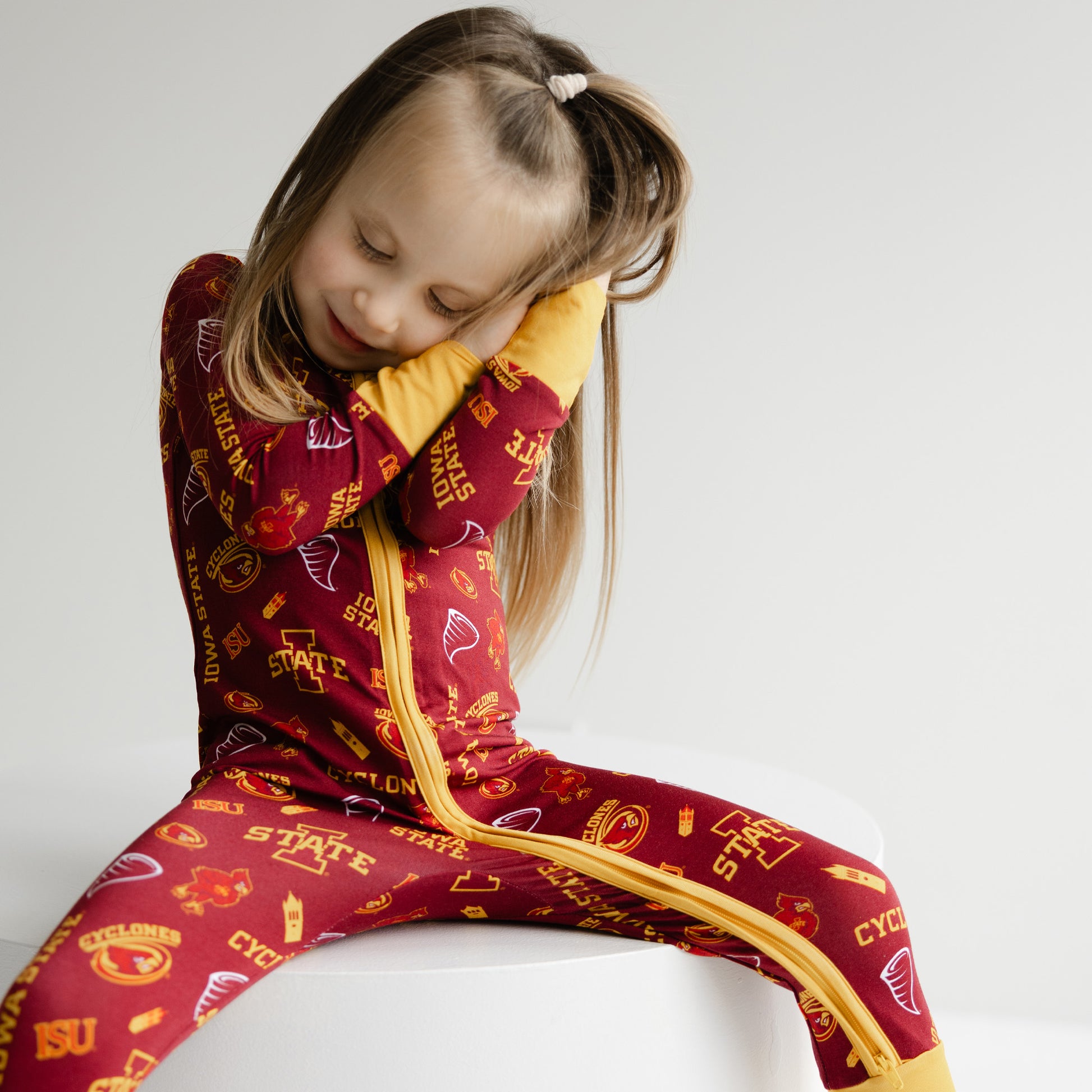 Iowa State Cyclones bamboo zippy pajamas for babies with cardinal and gold team branding