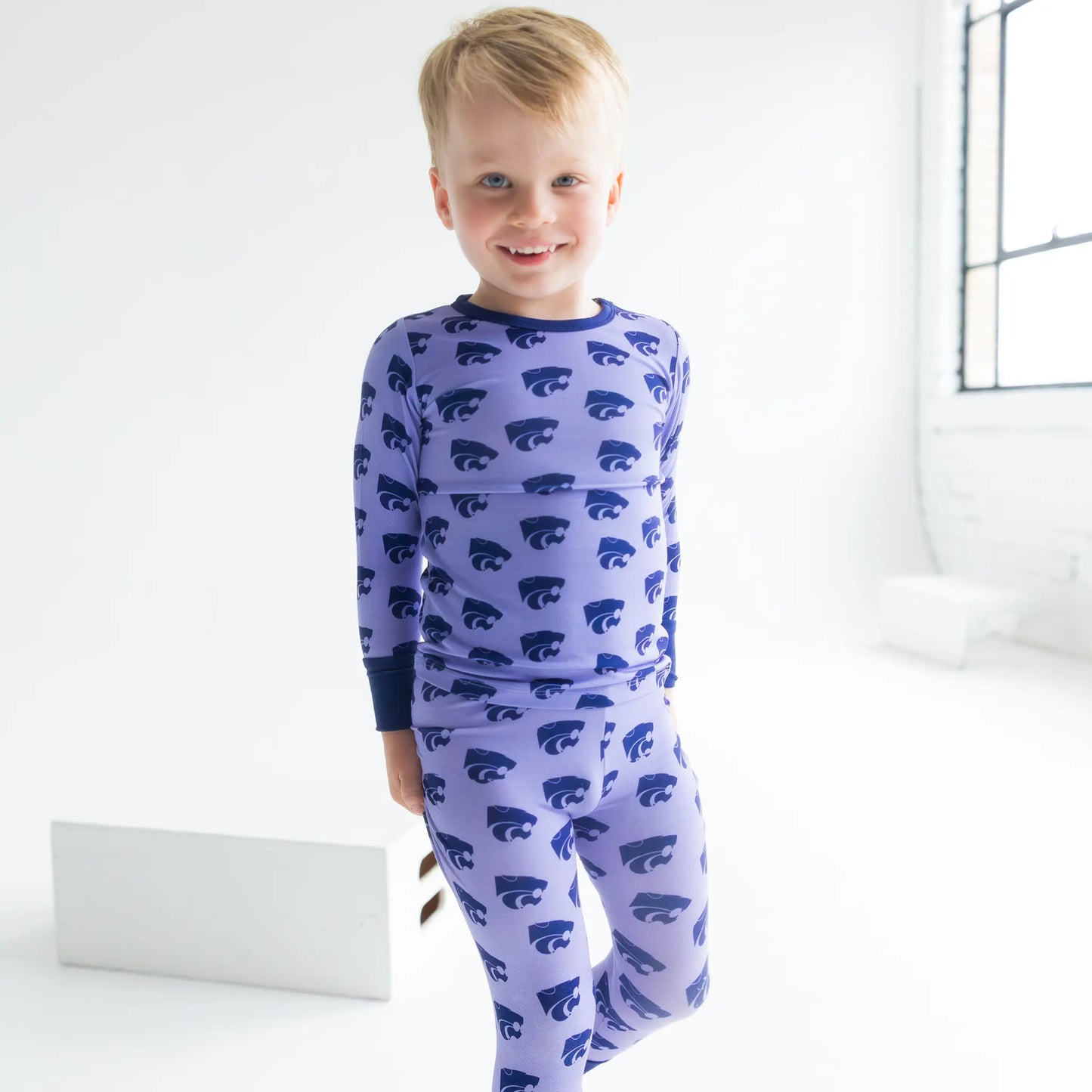 Kansas State Wildcats bamboo Two-Piece Pajama Set featuring all-over team print long-sleeve top and matching pants.
