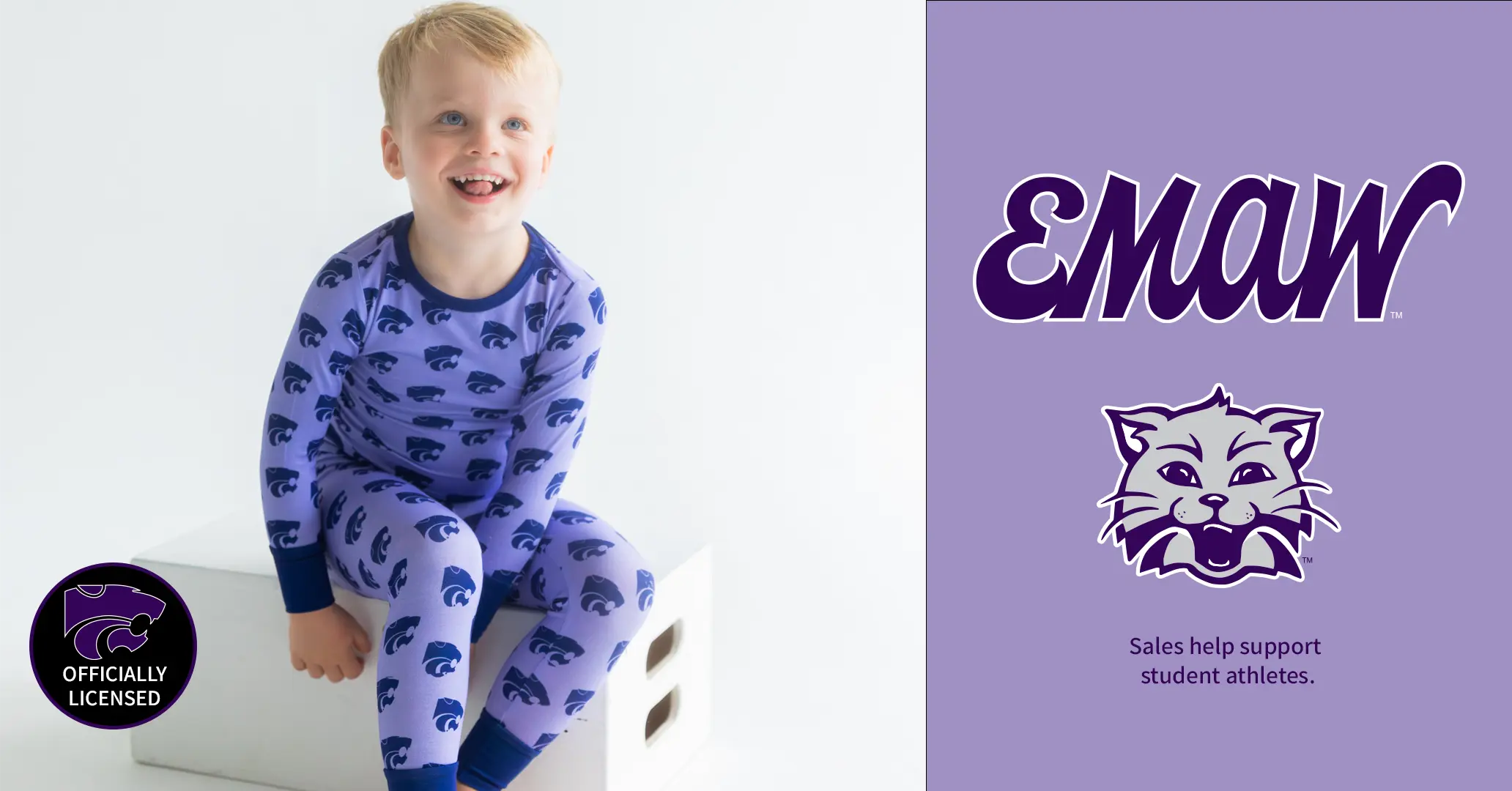 A young child wearing purple patterned pajamas sits on a white block against a white background, with a purple side panel showing the EMAW logo and a small 'Officially Licensed' badge.