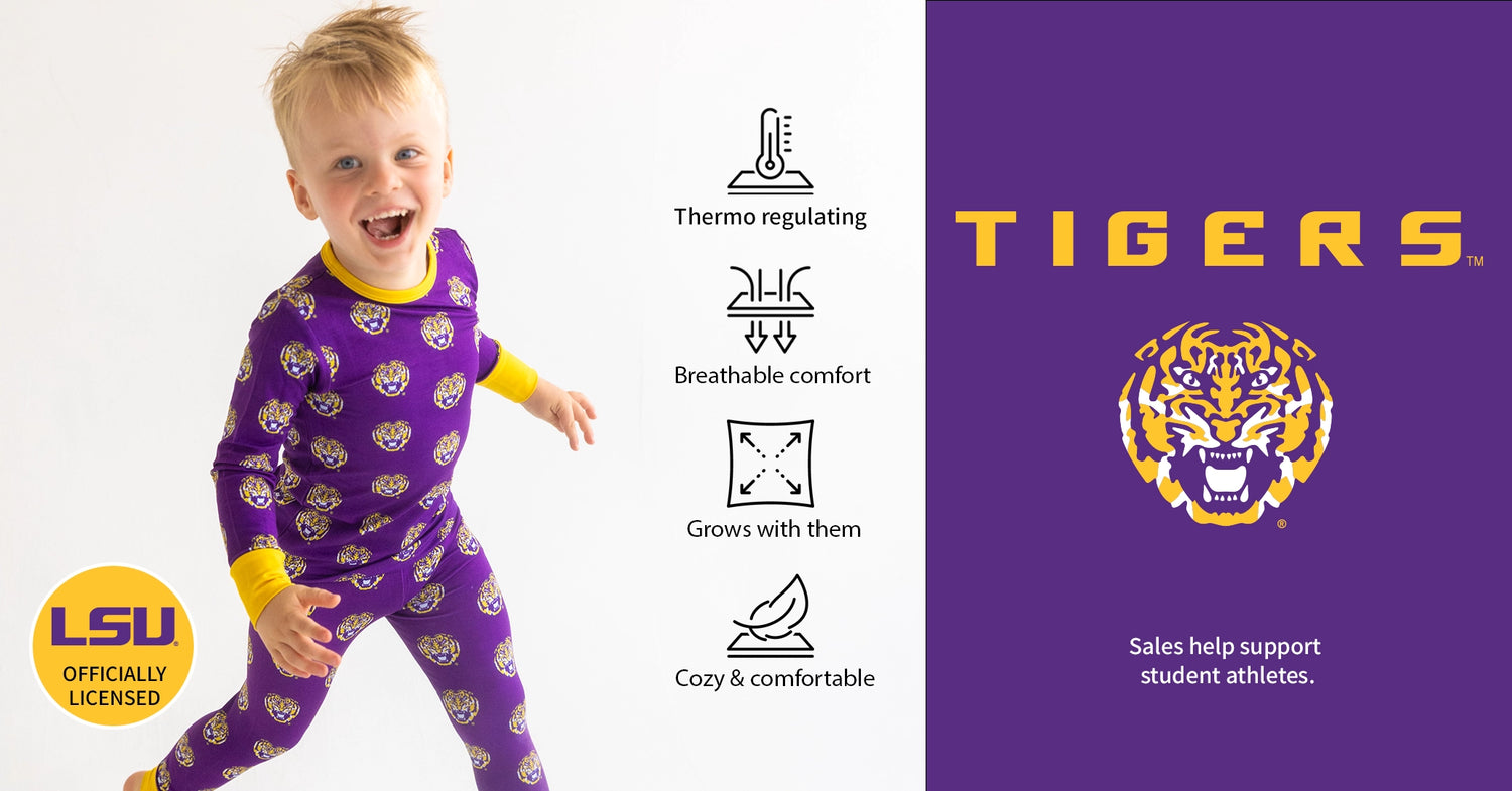 LSU Tigers Pajamas made from comfy bamboo and official team Tigers logo in purple and gold.