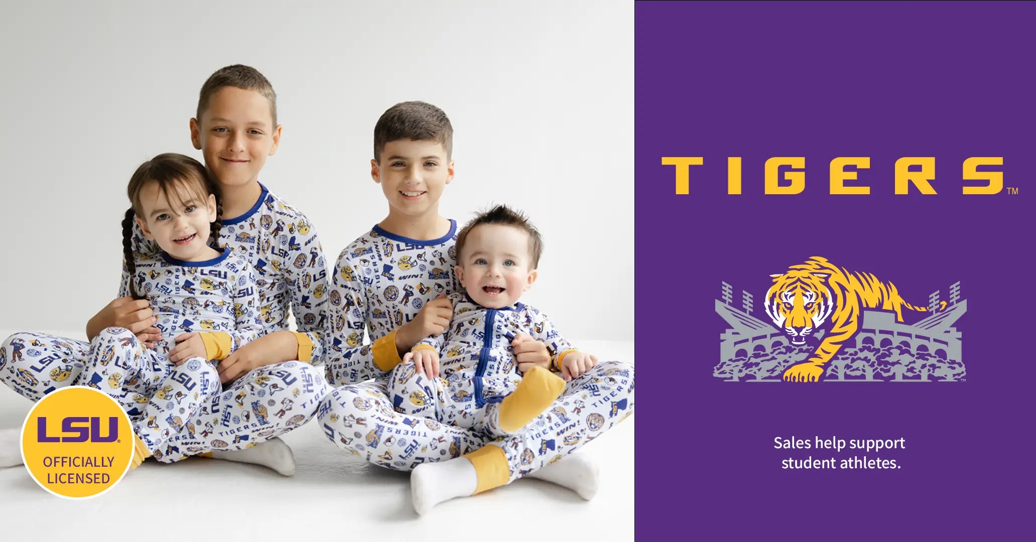 LSU Tigers bamboo sleepwear collection featuring zippy one pieces and two piece pajama sets with white logo print and purple gold trim