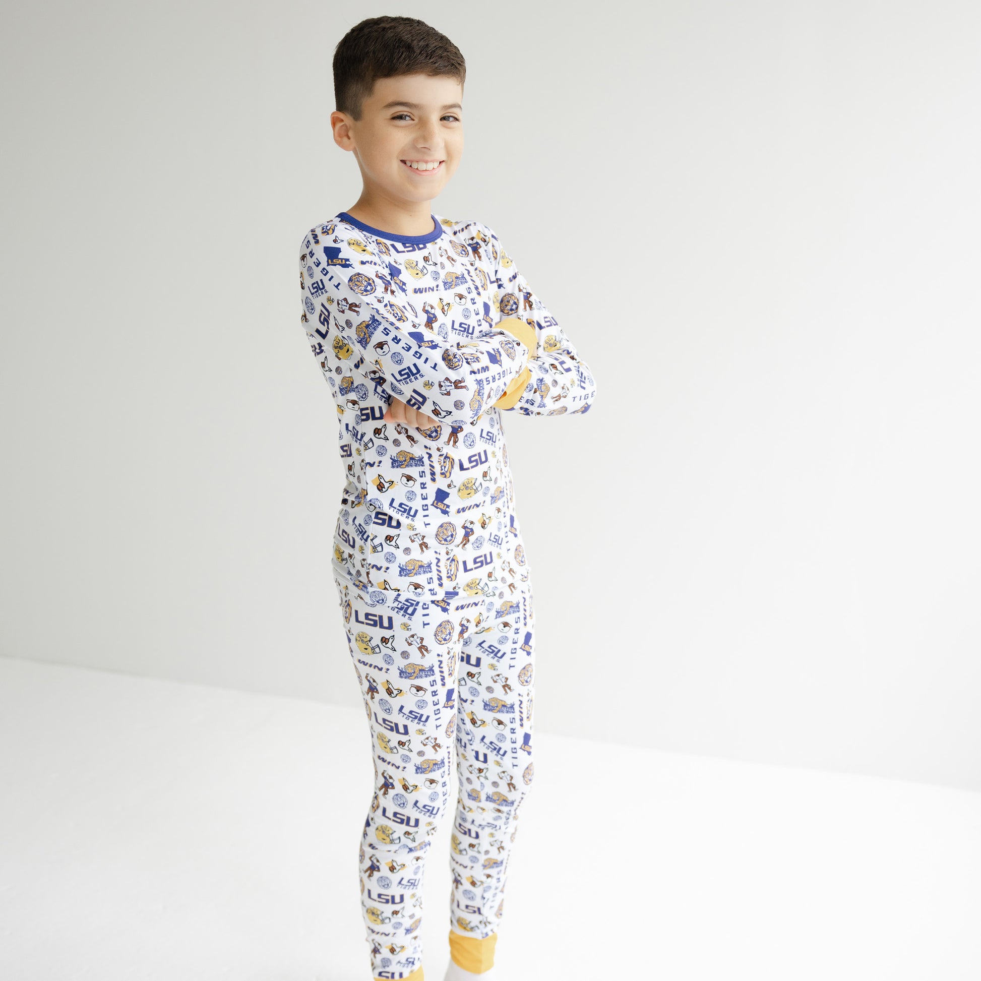 LSU Tigers toddler two piece pajamas with allover logo pattern on white background