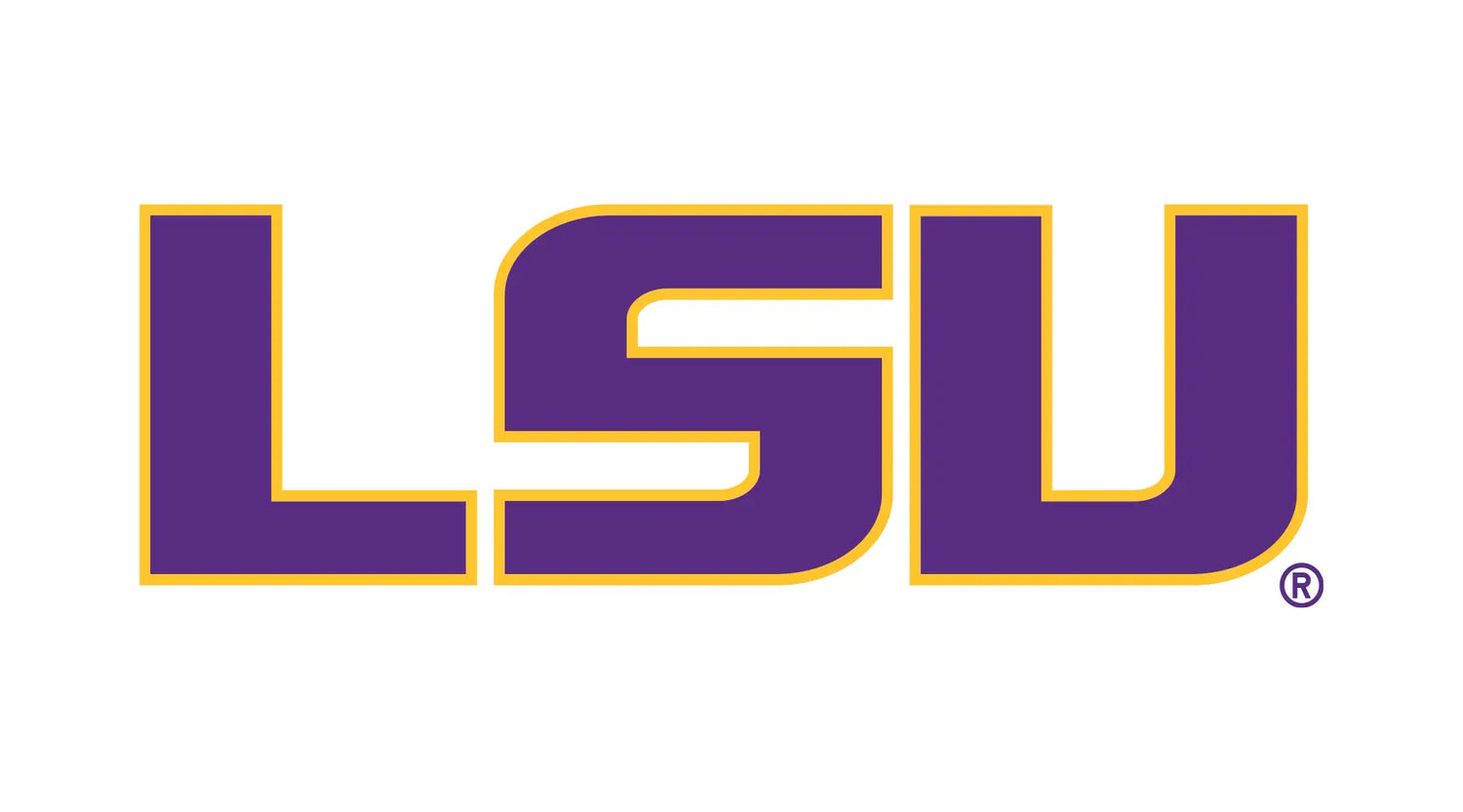 LSU logo in purple with a gold outline on a white background.