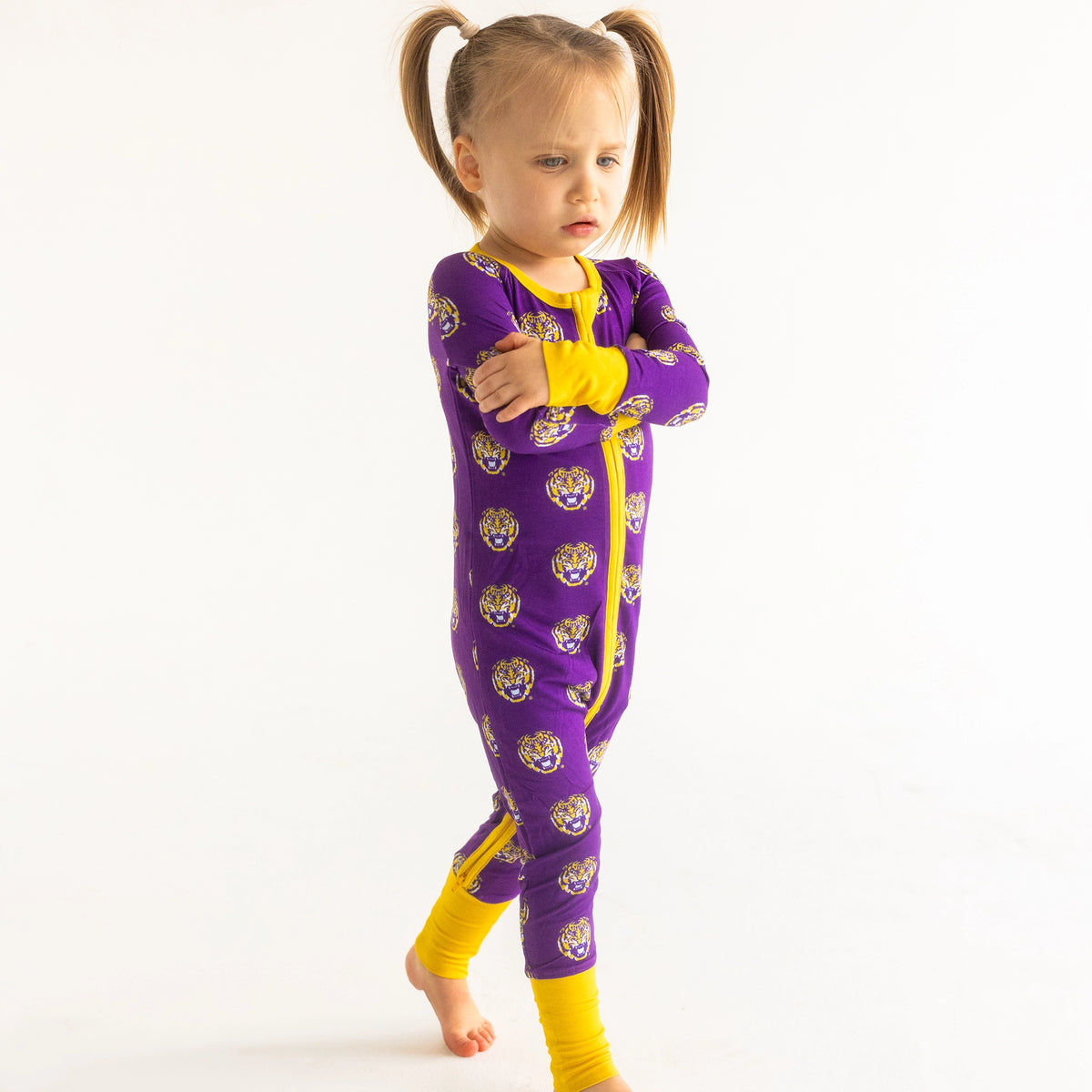 LSU Tigers infant Zip Up Sleeper with double zipper design.