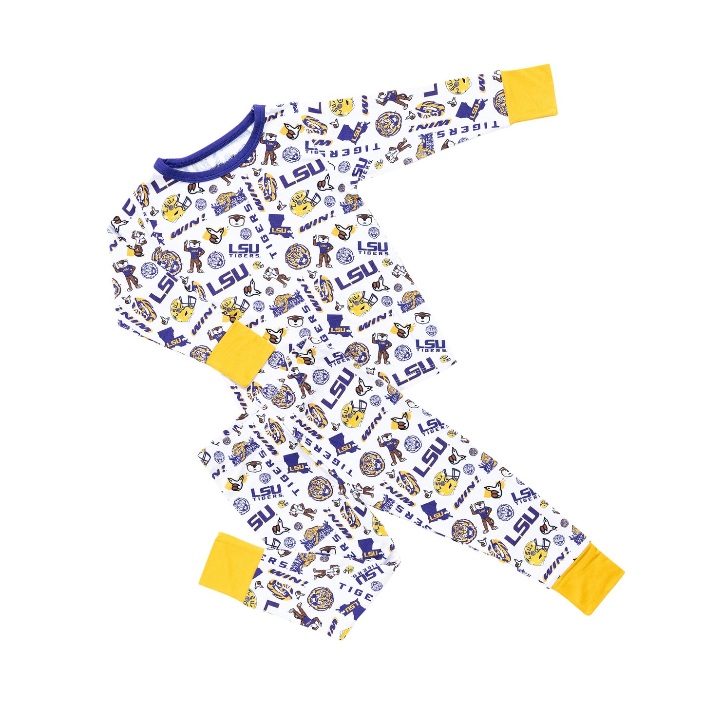 LSU Tigers two piece pajama set for kids with white logo print and purple gold trim