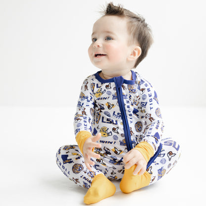 LSU Tigers baby zipper sleeper with allover logo pattern on white background