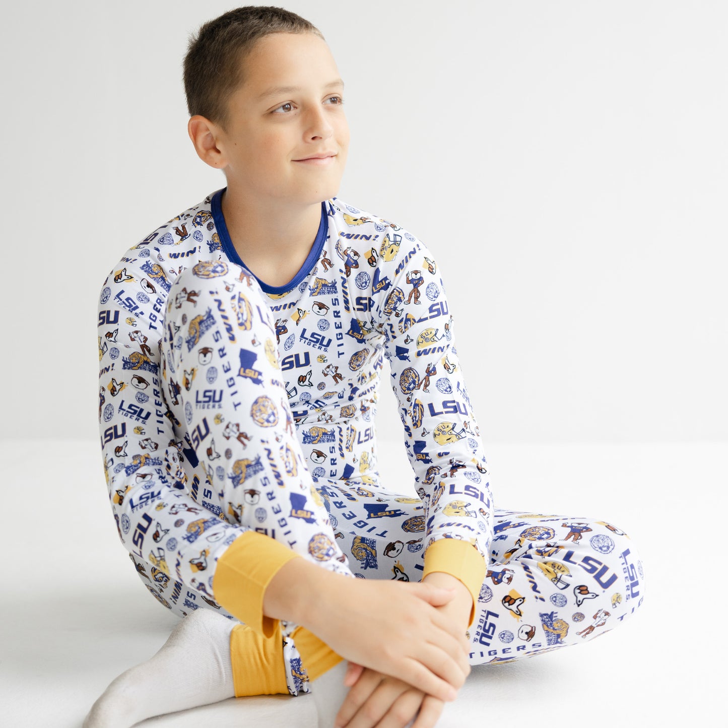 LSU Tigers two piece pajamas for boys and girls with purple and gold accents