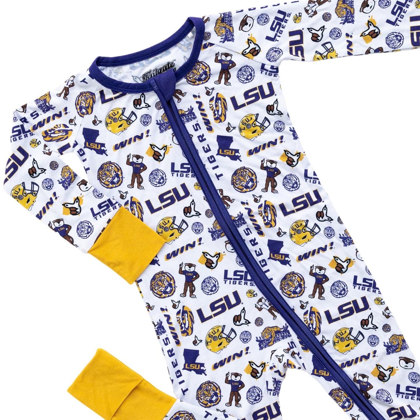 LSU Tigers toddler zippy pajamas featuring purple and gold trim