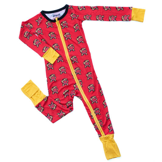 A red one-piece baby pajama or footed sleeper with a yellow zipper, yellow cuffs, and yellow ankles, featuring an all-over print of the maryland terrapins.