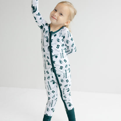 White Michigan State Spartans bamboo zipper one-piece for babies with soft green trim.