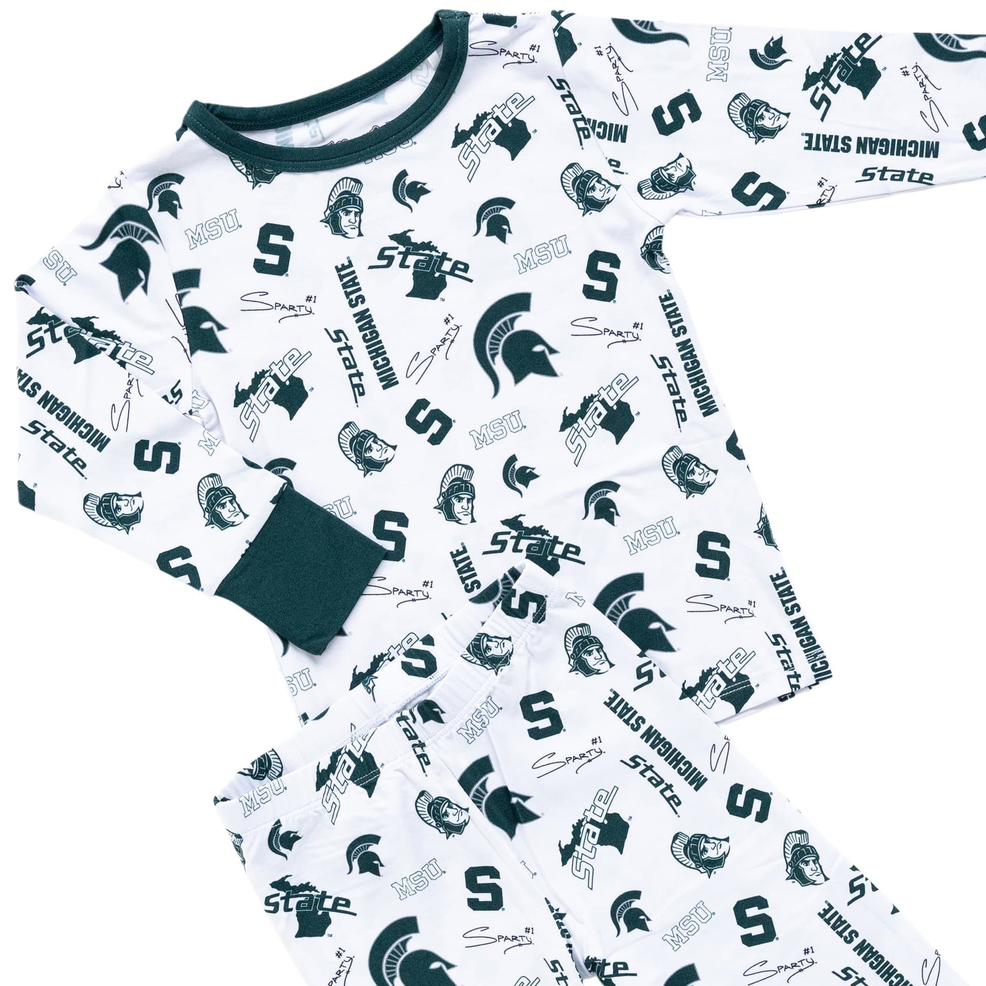 White Michigan State Spartans bamboo pajamas for babies and kids with green trim.
