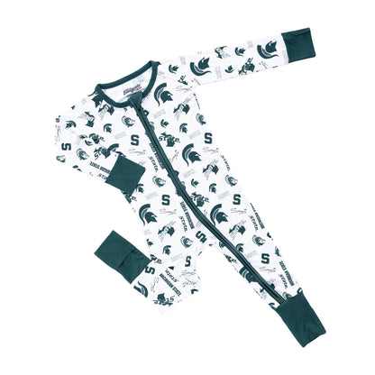 Officially licensed Michigan State baby bamboo sleeper featuring all-over Spartans logos and green trim.